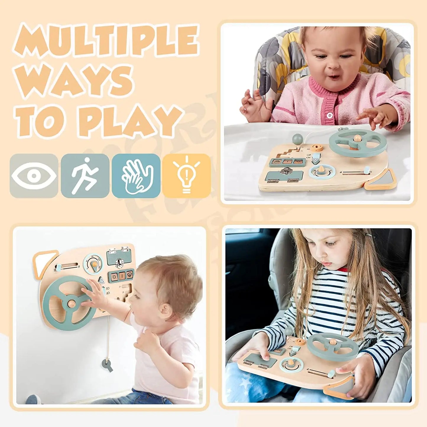 children playing with Montessori busy board