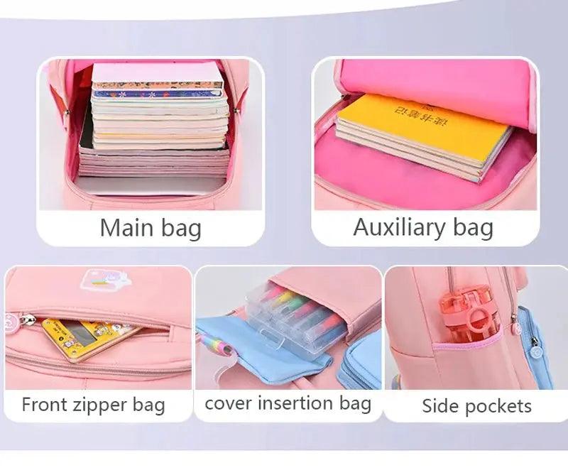 Details of each compartment of the Rainbow Macaron Backpack for girls in school - myHelestia