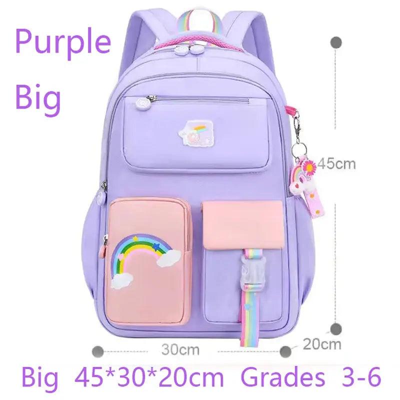 Rainbow Bliss model of the Rainbow Macaron Backpack for girls in school - myHelestia