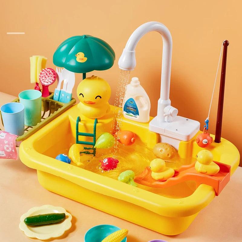 duck Kids Kitchen Sink Toys Electric Dishwasher Playing Toy With Running Water Pretend Play Food Fishing Toy Role Playing Girls Gift myHelestia