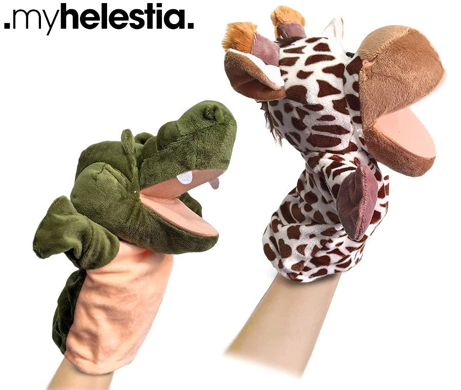 crocodile and giraffe puppet playing