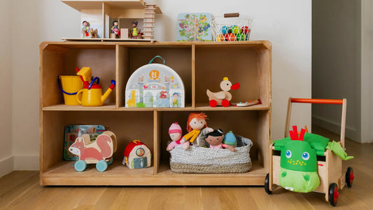 Montessori inspired toys displayed on a shelf