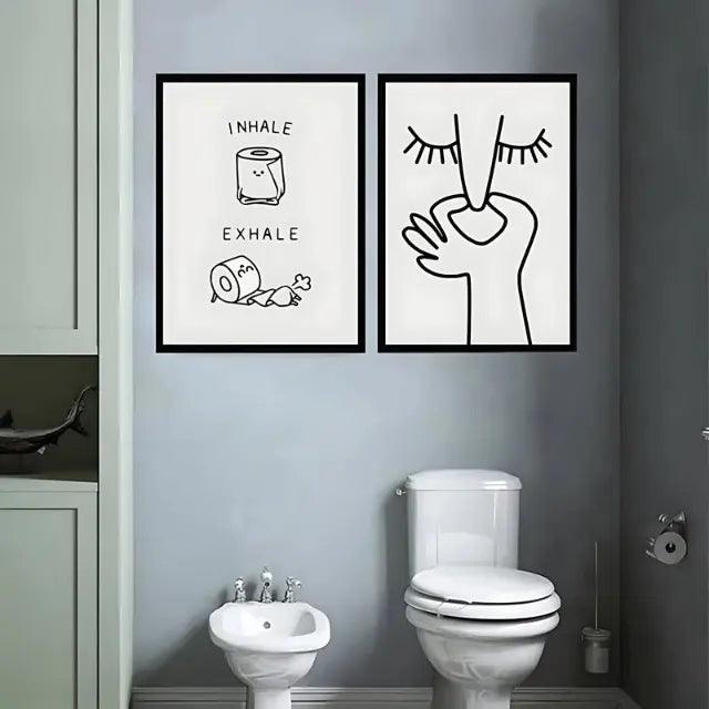 Bathroom Poster with 2 frames of the same size as option  - Black and White Canvas Wall Art | myHelestia