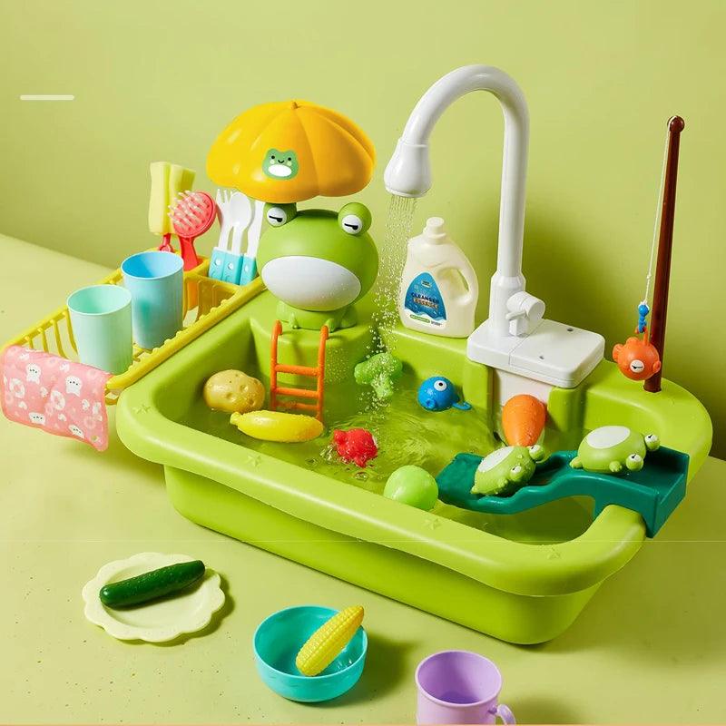 frog Kids Kitchen Sink Toys Electric Dishwasher Playing Toy With Running Water Pretend Play Food Fishing Toy Role Playing Girls Gift myHelestia 